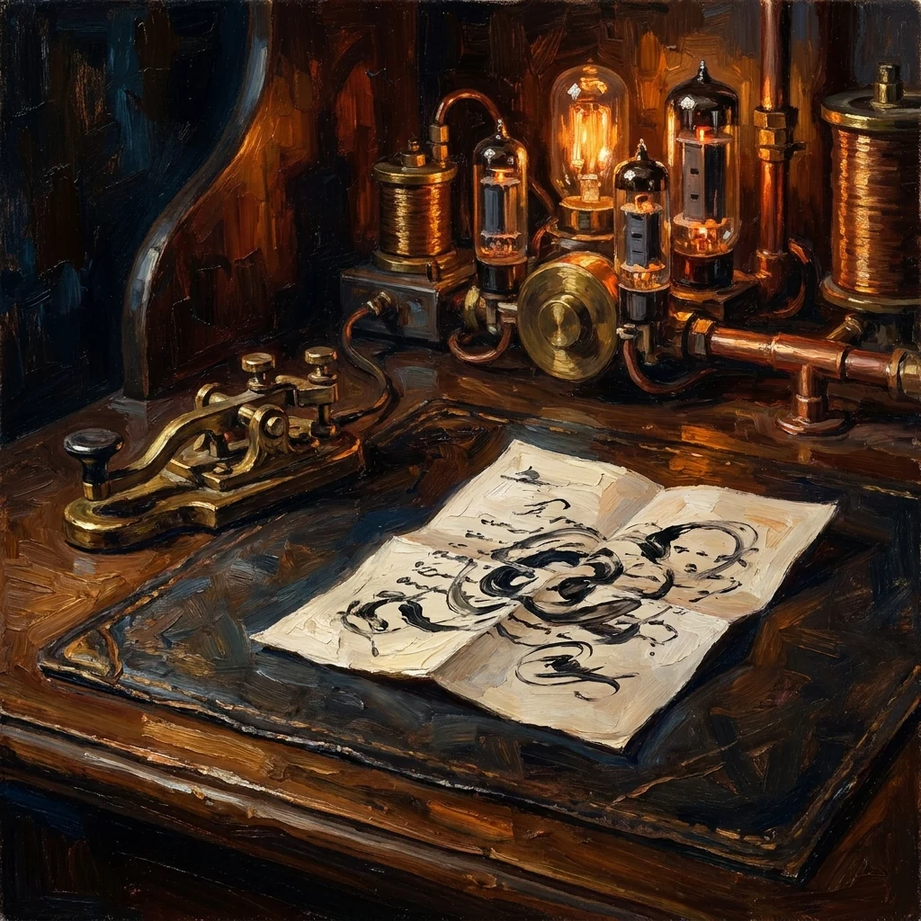 A handwritten letter on a leather desk with brass telegraph tech glowing behind it.