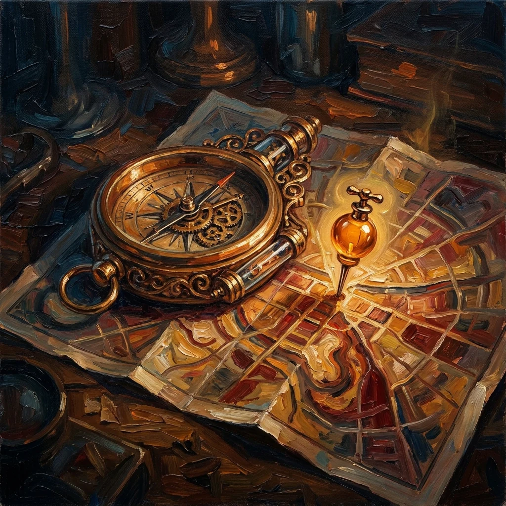 A brass compass and city directory with a glowing location marker.