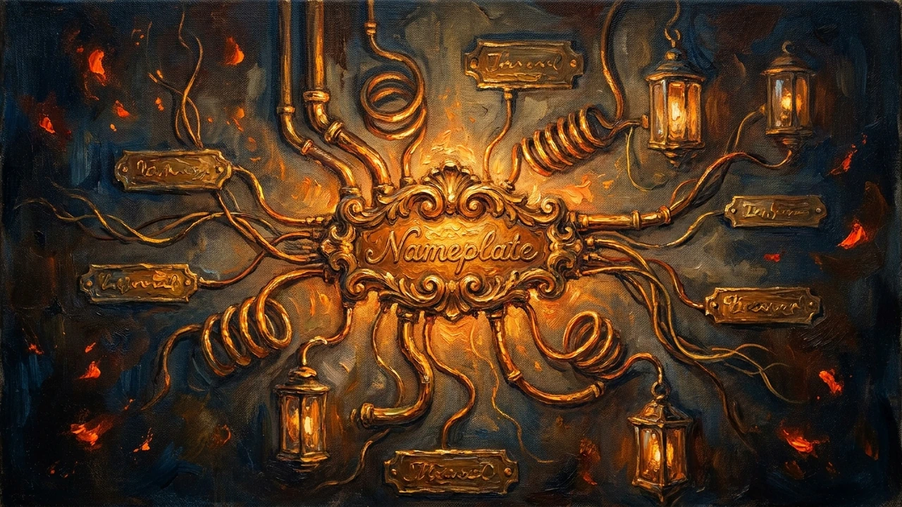 A central brass business nameplate broadcasting its glowing details out to a constellation of directory plaques and lanterns.